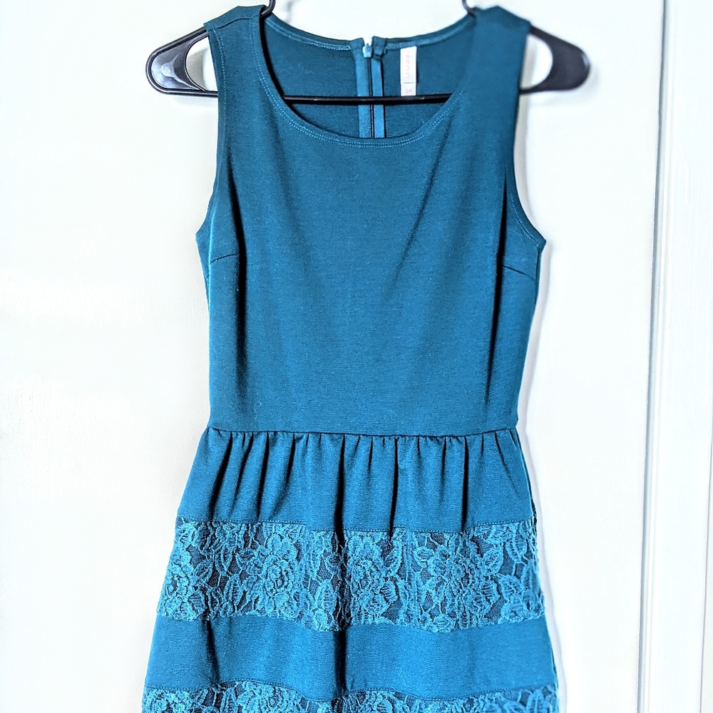 Emerald, Teal Green Dress With Lace, Small